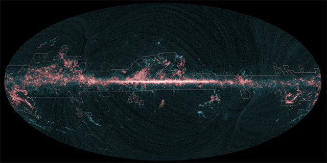 This all-sky image shows the distribution of carbon monoxide as seen by Planck in blue and a compilation of previous surveys in red