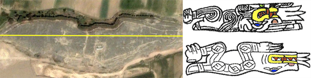 The caiman/puma monster-shaped mound from the 4000-year-old preceramic site of El Paraíso (left) and drawings from engravings on bones from sites in the Casma Valley at Las Aldas and Pallka
