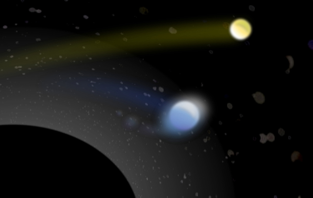 An artist’s conception of a supermassive black hole (left) capturing one star (bluish) from a pair of binary stars