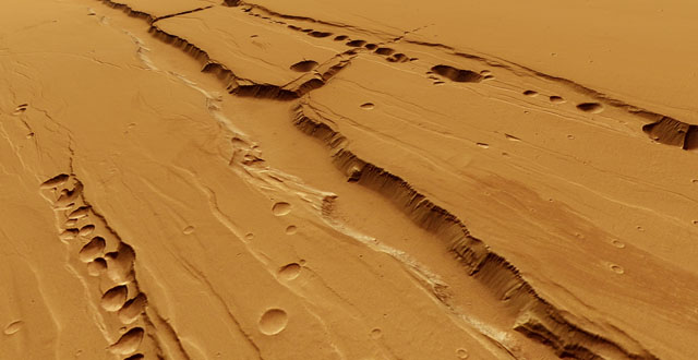 A computer generated perspective view of Tractus Catena created using images from the High-Resolution Stereo Camera on ESA’s Mars Express spacecraft