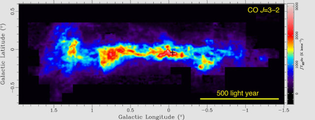 Spatial distribution of molecular gas at the center of the Milky Way. The mark indicates the position of Sagittarius A*, the nucleus of our Galaxy (Keio University)