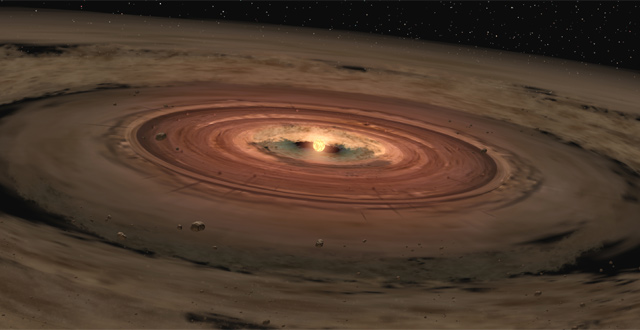 An artist's concept of a star surrounded by a swirling disk of planet-building dust (NASA / JPL-Caltech / T. Pyle / SSC)
