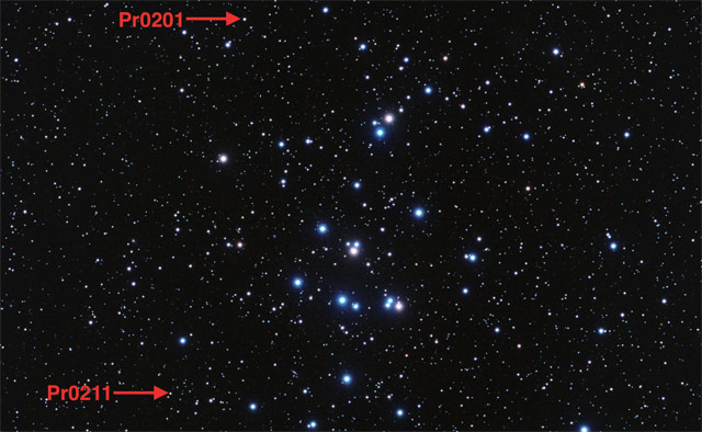 This image points out the location of the planets Pr0201b and Pr0211b in the Beehive star (Stuart Heggie)