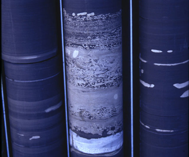 A drill core from the 2.5 billion-year-old Mount McRae Shale formation in Western Australia, which originally was fine-grained ocean sediment, shows high concentrations of sulfide and molybdenum (Roger Buick / University of Washington)