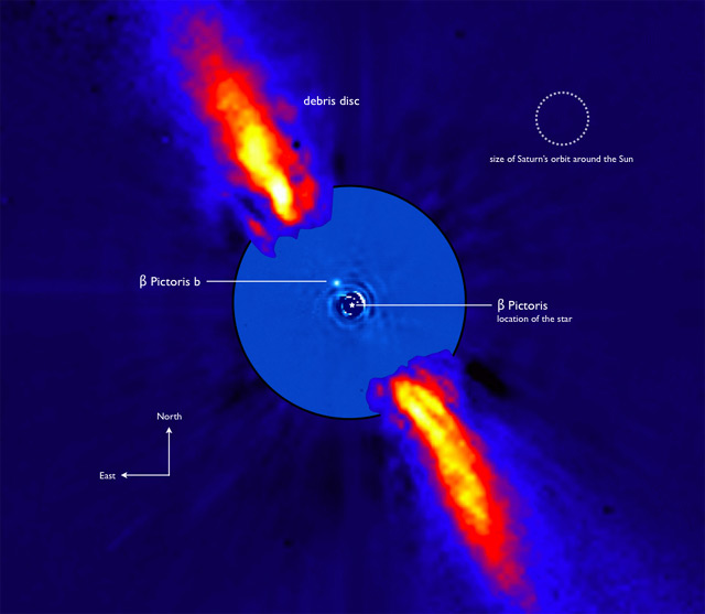 This composite image shows the close environment of Beta Pictoris as seen in near infrared light. The outer part of the image shows the reflected light on the dust disc, as observed in 1996 with the ADONIS instrument on ESO's 3.6 m telescope; the inner part is the innermost part of the system, as seen at 3.6 microns with NACO on the Very Large Telescope. Astronomers using ESA’s Herschel Space Observatory have recently detected the mineral olivine in a dust belt around this young star (ESO /A.-M. Lagrange et al)
