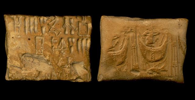 Tablet Sb04823: receipt of 5 workers(?) and their monthly(?) rations, with subscript and seal depicting animal in boat; excavated at Susa in the early 20th century; Louvre Museum, Paris (Image courtesy of Dr Jacob L. Dahl, University of Oxford)