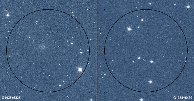 Sloan Digital Sky Survey images at the positions of G1425+5235 and G1355+5439 galaxies (J. Christopher Mihos et al / SDSS)