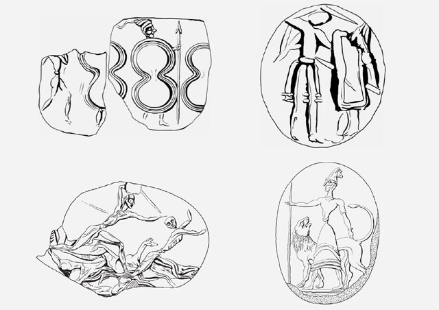Sealings from Knossos. Top left: marching warriors with figure-of-eight shields and spear held vertically with arm extended horizontally. Top right: swordsman striking at the neck of an opponent bearing a shield and spear. Bottom left: warrior bearing a sword, and a hound, pursuing an opponent. Bottom right: a warrior holding spear and accompanied by lion (Ella Hassett / via Barry P.C. Molloy, 2012)