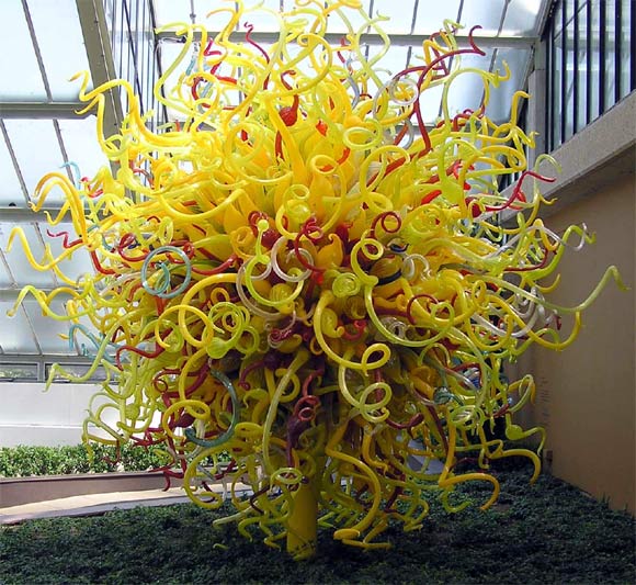 A glass sculpture called 'The Sun' at the Gardens of Glass exhibition in Kew Gardens, London, made from 1,000 separate glass objects by Dale Chihuly (Adrian Pingstone)