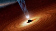 This image shows a supermassive black hole surrounded by a hot accretion disk, while some inspiraling material is funneled into a wispy blue jet (NASA / JPL-Caltech)