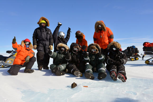 Members of the Belgo-Japanese meteorite team with an 18kg meteorite found during a field trip on the Nansen Ice Field, 140km south of Princess Elisabeth Antarctica (© International Polar Foundation) Members of the Belgo-Japanese meteorite team with an 18kg meteorite found during a field trip on the Nansen Ice Field, 140km south of Princess Elisabeth Antarctica (© International Polar Foundation)
