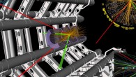 H -> 2e2mu candidate event recorded by ATLAS on June 18, 2012. Muon tracks are colored red, electron tracks and clusters in the LAr calorimeter are colored green. The larger inset shows a zoom into the tracking detector. The smaller inset shows a zoom into the vertex region, indicating that the 4 leptons originate from the same primary vertex (ATLAS Collaboration)