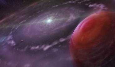 Artist's rendering of the planetary system HR 8799 at an early stage in its evolution, showing the planet HR 8799c, a disk of gas and dust, and interior planets (Dunlap Institute for Astronomy & Astrophysics / Mediafarm)