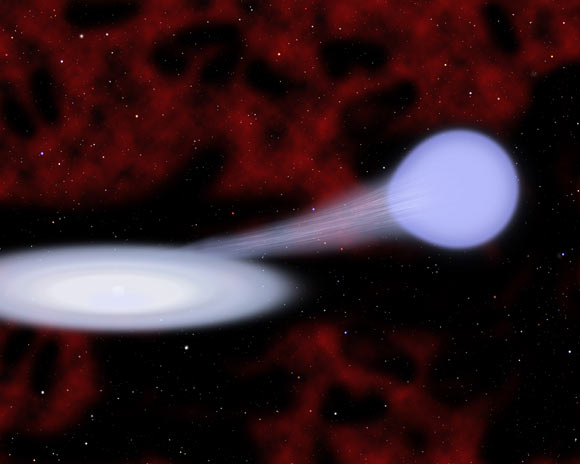 This image shows the suspected progenitor of a new kind of supernova called Type Iax. Material from a hot, blue helium star at right is funneling toward a carbon/oxygen white dwarf star at left, which is embedded in an accretion disk. In many cases the white dwarf survives the subsequent explosion (Christine Pulliam / CfA)