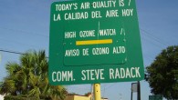Air quality signboard indicating an ozone watch in Gulfton, Houston