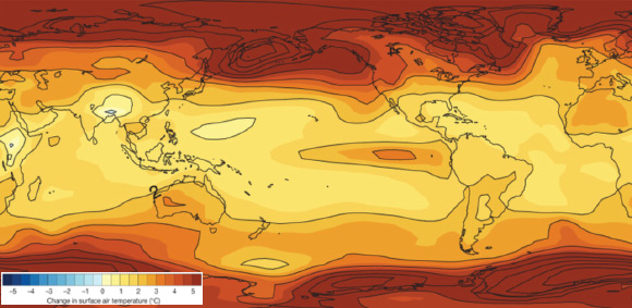 This image shows global surface air temperature anomalies four million years ago (A. V. Fedorov et al)