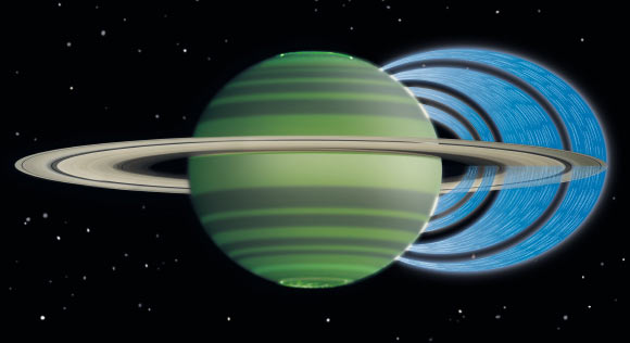 This artist’s concept illustrates how charged water particles flow into the Saturnian atmosphere from the planet's rings, causing a reduction in atmospheric brightness (NASA / JPL-Caltech / Space Science Institute / University of Leicester)