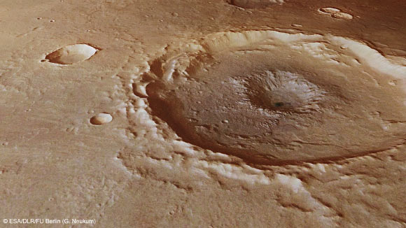A perspective view of a 30-mile crater in Thaumasia Planum, Mars (ESA / DLR / FU Berlin / G. Neukum)