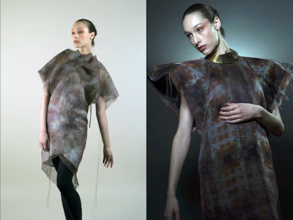 The Shoulder Dress embodies the complexity of the design process when designing for active fibers. The collection shows garments in their multiple stages, low and high energy, enabled by future fibers and transformative textiles (© Ronald Borshan)
