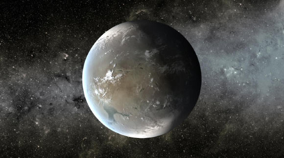 Kepler-62f, a super-Earth-size planet in the habitable zone of a star smaller and cooler than the Sun. Image credit: NASA Ames / JPL-Caltech.