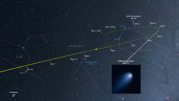 From December 2012 through October 2013, the comet ISON tracks through the constellations Gemini, Cancer, and Leo as it falls toward the Sun (NASA's Goddard Space Flight Center / Axel Mellinger)