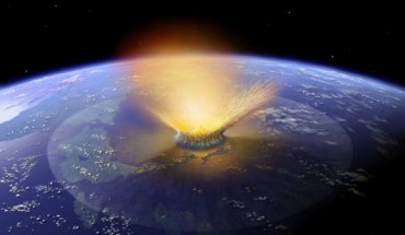 An image shows a comet striking coastal Yucatan, forming the giant Chicxulub impact crater and causing the extinction of the non-avian dinosaurs (Don Davis / NASA)