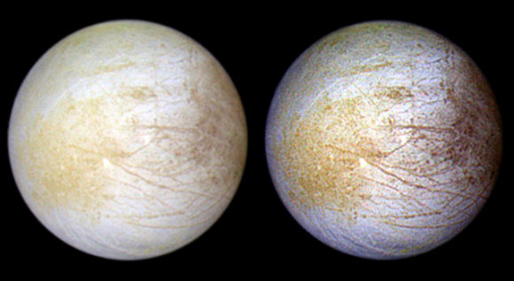Europa global views in natural and enhanced colors (NASA / JPL / University of Arizona)