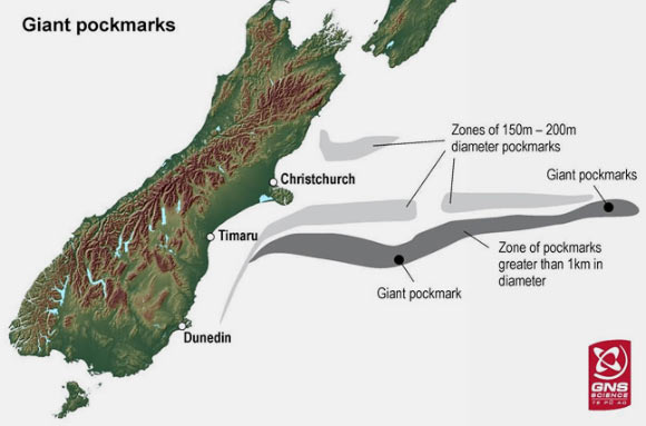 The largest of the pockmarks discovered on the seafloor near New-Zealand is 6.8 miles in diameter and could enclose New Zealand's Wellington City as illustrated here (GNS Science)