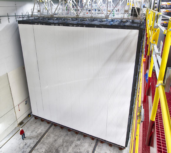 When completed, the NOvA detector will comprise 28 detector blocks, each measuring about 50 feet tall, 50 feet wide and 6 feet deep (Fermilab)