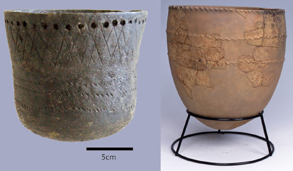 Left: a reconstructed Incipient Jomon vessel from Torihama, Japan (Wakasa History and Folklore Museum). Right: an Incipient Jomon pot from Kubodera-minami, Niigata Prefecture, Japan, about 15,000 years old (Tokamchi City Museum) Left: a reconstructed Incipient Jomon vessel from Torihama, Japan (Wakasa History and Folklore Museum). Right: an Incipient Jomon pot from Kubodera-minami, Niigata Prefecture, Japan, about 15,000 years old (Tokamchi City Museum)