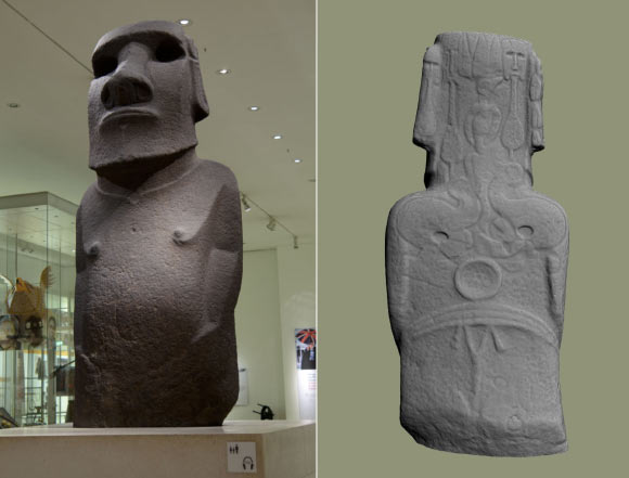 Left: Easter Island statue Hoa Hakananai’a. Right: RTI view of carvings on the statue (University of Southampton Press)