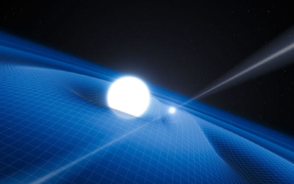 This artist’s impression shows PSR J0348+0432. The object consists of a tiny, but very heavy neutron star that spins 25 times each second, orbited every two and a half hours by a white dwarf star (ESO / L. Calçada)