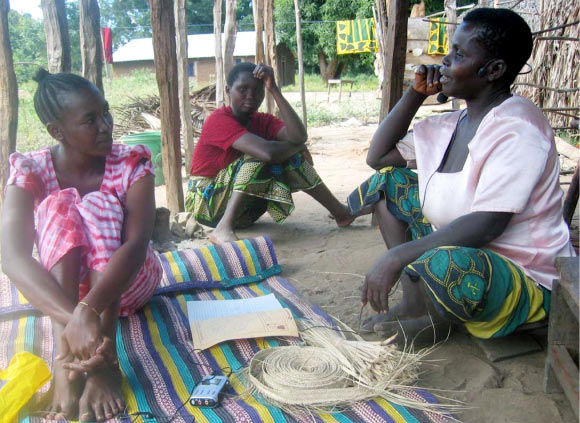 Habiba Kiongoli, left, and Hawa Nyakisoma, right, recording Ndengeleko stories in Tanzania (Eva-Marie Ström / University of Gothenburg)