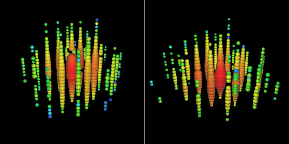 The two observed events from August 2011, left, and January 2012, right. Each sphere represents a digital optical module; colors represent the arrival times of the photons where red indicates early and blue late times; the size of the spheres is a measure for the recorded number of photoelectrons (IceCube Collaboration)