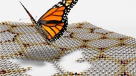 Artist's illustration of a butterfly as if departing from a moire pattern in graphene formed on top of a sheet of boron nitride (James Hedberg)