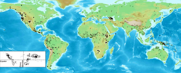 Locations of the languages analyzed in the study: dark circles represent languages with ejectives, clear circles represent those without ejectives. The inset shows six major inhabitable areas of high elevation: 1 - North American cordillera; 2 – Andes; 3 - Southern African plateau; 4 - East African rift; 5 - Caucasus and Javakheti plateau; 6 - Tibetan plateau and adjacent regions (Everett C.)