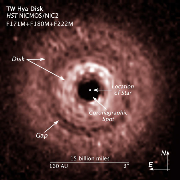 TW Hydrae protoplanetary disk (NASA / ESA / J. Debes, STScI / H. Jang-Condell, University of Wyoming / A. Weinberger, Carnegie Institution of Washington / A. Roberge, Goddard Space Flight Center / G. Schneider, University of Arizona, Steward Observatory / A. Feild, STScI, AURA)