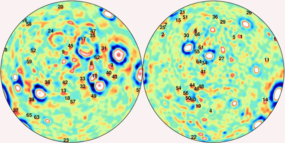 Spatial distribution of the 66 distinct new lunar craters identified using computer modeling of gravity and topography data: near side – left, far side – right (W. E. Featherstone et al / Curtin University of Technology)