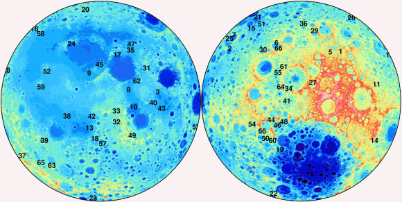 Spatial distribution of the 66 new craters on the Moon overlain on the lunar topography: near side – left, far side – right (W. E. Featherstone et al / Curtin University of Technology)