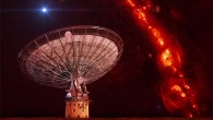 CSIRO's Parkes radio telescope, which has been used to confirm a population of Fast Radio Bursts, is shown superimposed on an image showing the distribution of gas in our Galaxy; an artist's impression of a single fast radio burst is shown located well away from the Galactic plane emission (Swinburne Astronomy Productions)