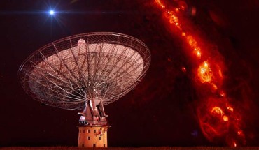 CSIRO's Parkes radio telescope, which has been used to confirm a population of Fast Radio Bursts, is shown superimposed on an image showing the distribution of gas in our Galaxy; an artist's impression of a single fast radio burst is shown located well away from the Galactic plane emission (Swinburne Astronomy Productions)