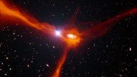 This artist’s impression shows a galaxy in the distant Universe, just two billion years after the Big Bang, in the process of pulling in cool gas, shown in orange, from its surroundings (ESO / L. Calçada / ESA / AOES Medialab)