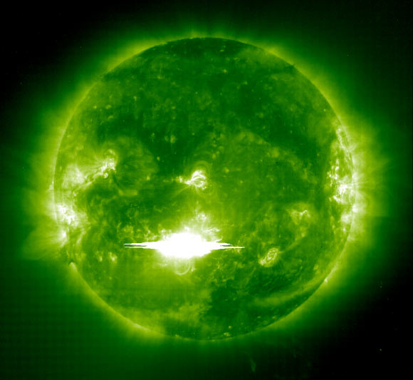 NASA’s SOHO spacecraft captured this image of a solar flare as it erupted from the Sun on October 28, 2003 (NASA / SOHO)