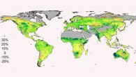 Satellite data shows the per cent amount that foliage cover has changed around the world from 1982 to 2010 (Randall Donohue et al)