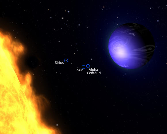 This image shows the planet HD 189733b with the Sun, Sirius and Alpha Centauri in the background (NASA / ESA / G. Bacon / AURA / STScI)