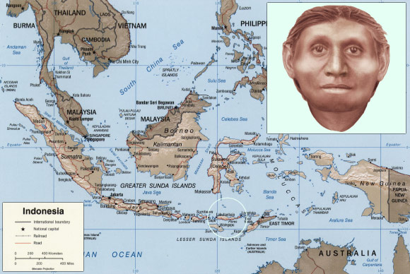 This is a map of Indonesia, the green circle shows the island of Flores. The inset shows facial approximation of LB1, female Homo floresiensis (Susan Hayes / Australian Archaeological Association)