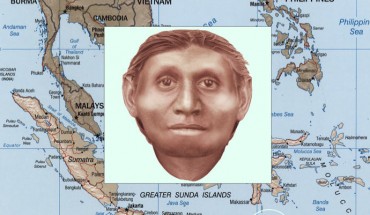 This is a map of Indonesia, the green circle shows the island of Flores. The inset shows facial approximation of LB1, female Homo floresiensis (Susan Hayes / Australian Archaeological Association)