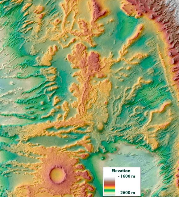 This shaded relief map shows elevated, branching, lobate features in Aeolis Dorsa, Mars, interpreted as resistant channel deposits that make up an ancient delta. These layered, cross-cutting features are typical of channelized sedimentary deposits on Earth and here are indicative of a coastal delta environment (Roman A. DiBiase et al)