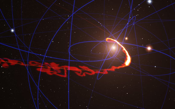 This simulation of a gas cloud passing close to the supermassive black hole at the centre of the galaxy shows the situation in mid-2013 (ESO / S. Gillessen / MPE / Marc Schartmann)