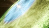 This is an artist's impression of the snow line in TW Hydrae showing water ice covered dust grains in the inner disc, shown in blue, and carbon monoxide ice covered grains in the outer disc, shown in green (B. Saxton / A. Angelich / NRAO / AUI / NSF / ALMA / ESO / NAOJ / NRAO)